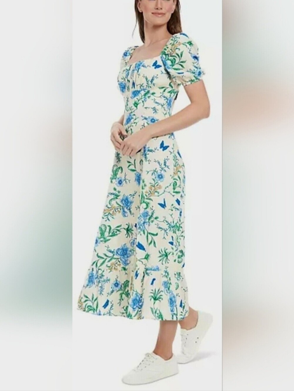 London Times Floral-Print Puff-Sleeve MIDI Dress Cream/denim Blue-Size 12